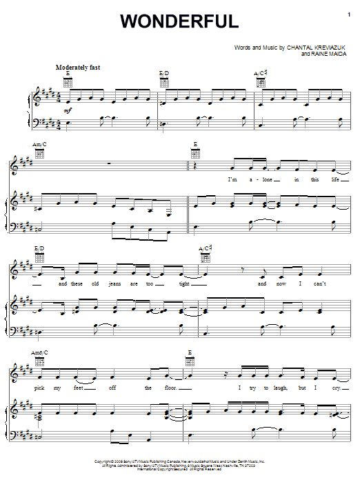 Learn to play Chantal Kreviazuk Wonderful sheet music for Piano, Vocal & Guitar Chords (Right-Hand Melody) in minutes. Price: 7.8900$ Chantal Kreviazuk Wonderful sheet music notes and chords arranged for Piano, Vocal & Guitar Chords (Right-Hand Melody)