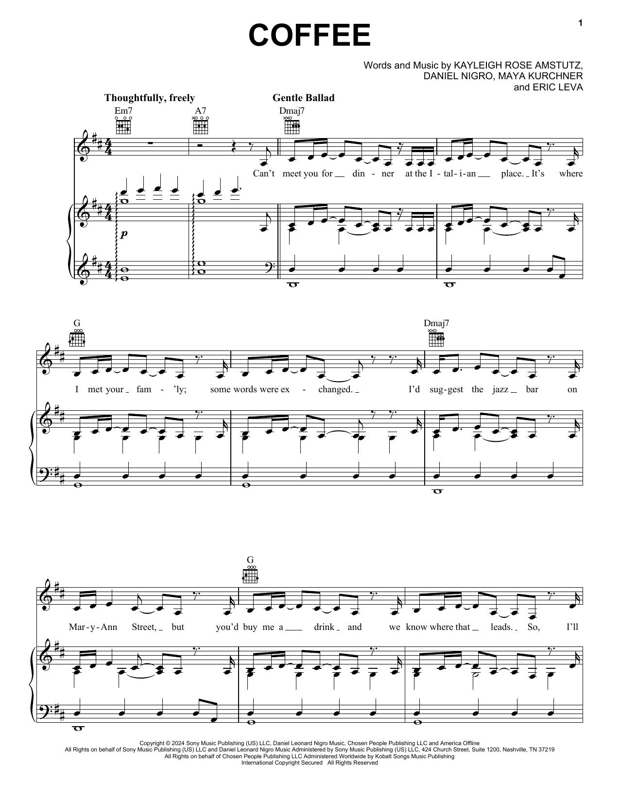 Chappell Roan Coffee sheet music notes and chords. Download Printable PDF.