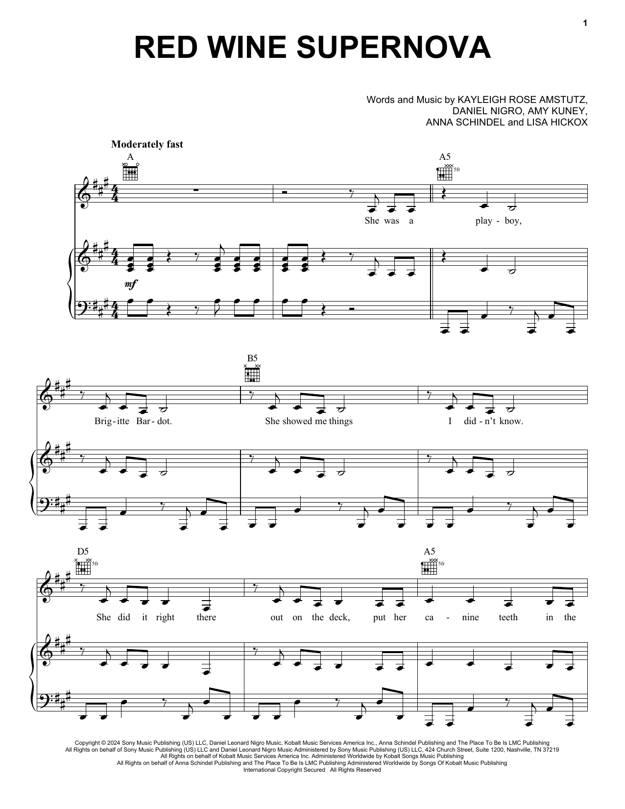 Chappell Roan Red Wine Supernova sheet music notes and chords. Download Printable PDF.