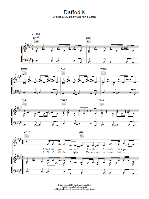 Learn to play Charlene Soraia Daffodils sheet music for Piano, Vocal & Guitar Chords in minutes. Price: 7.8900$ Charlene Soraia Daffodils sheet music notes and chords arranged for Piano, Vocal & Guitar Chords