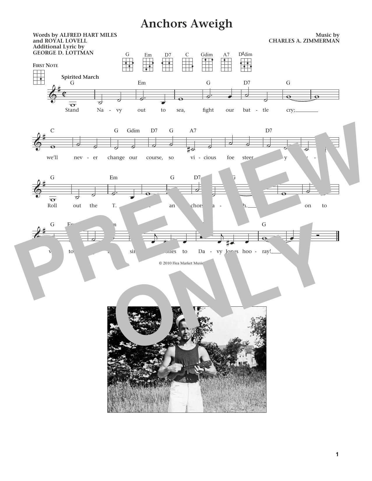 Learn to play Charles A. Zimmerman Anchors Aweigh (from The Daily Ukulele) (arr. Liz and Jim Beloff) sheet music for Ukulele in minutes. Price: 5.9900$ Charles A. Zimmerman Anchors Aweigh (from The Daily Ukulele) (arr. Liz and Jim Beloff) sheet music notes and chords arranged for Ukulele