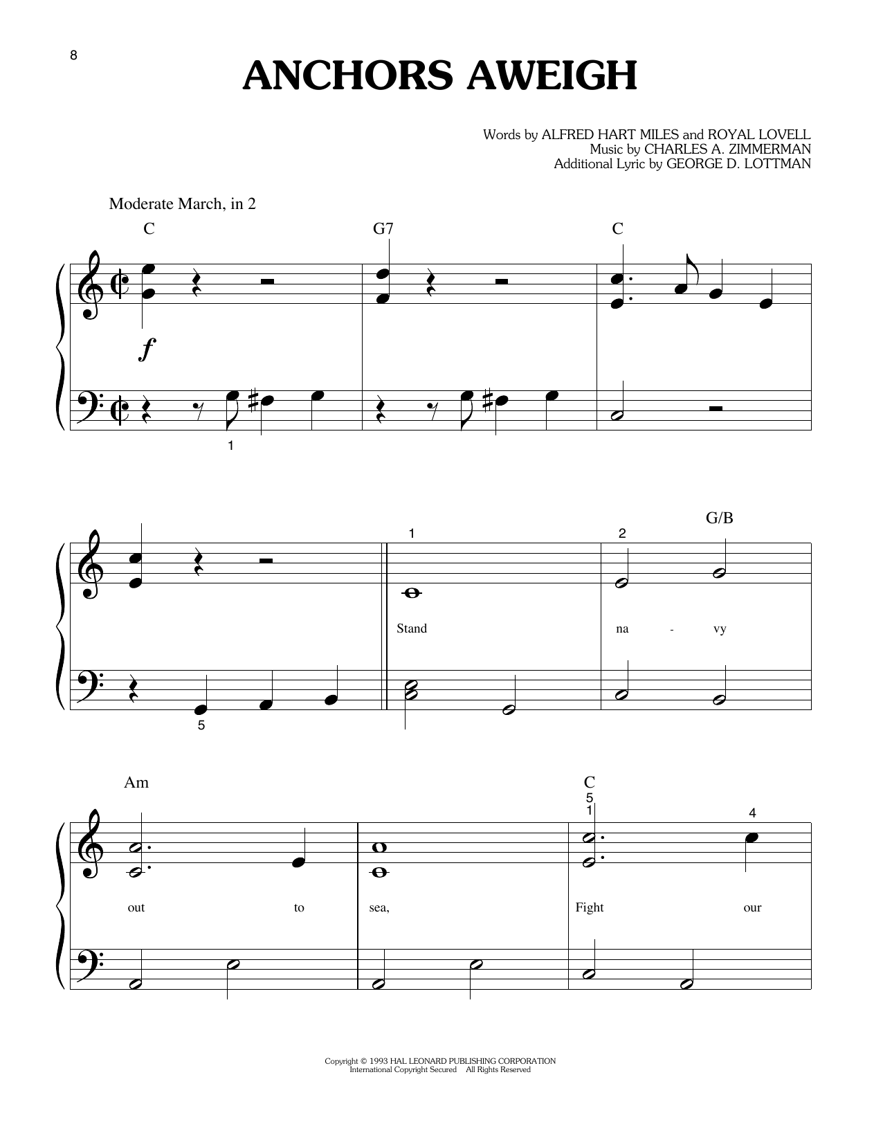 Charles A. Zimmerman Anchors Aweigh sheet music notes and chords. Download Printable PDF.