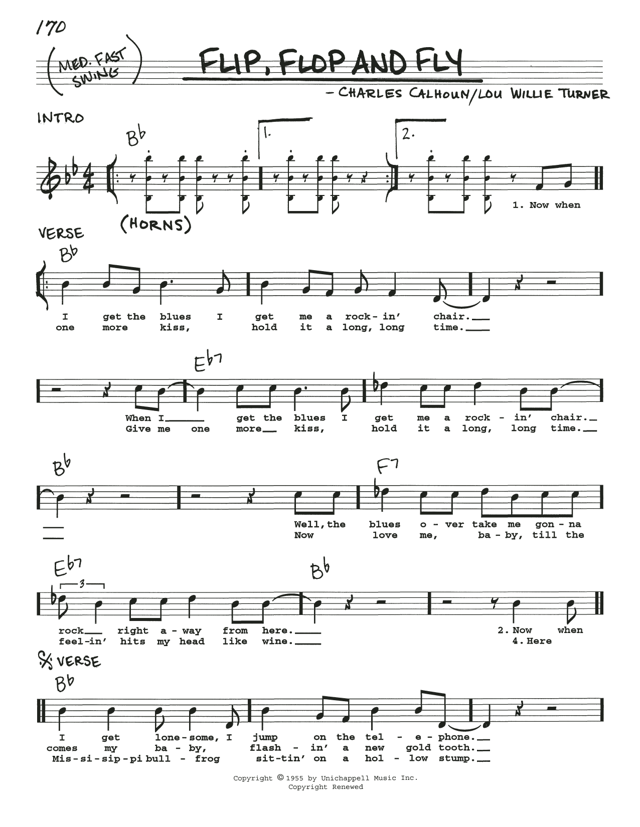 Learn to play Charles Calhoun Flip, Flop And Fly sheet music for Real Book – Melody, Lyrics & Chords in minutes. Price: 5.9900$ Charles Calhoun Flip, Flop And Fly sheet music notes and chords arranged for Real Book – Melody, Lyrics & Chords