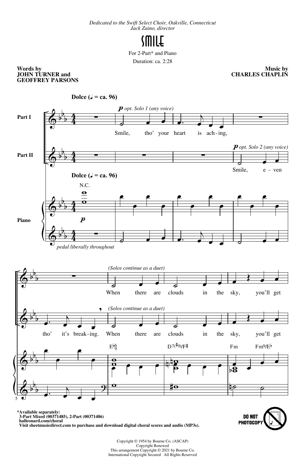 Charles Chaplin Smile (arr. Roger Emerson) sheet music notes and chords arranged for 2-Part Choir