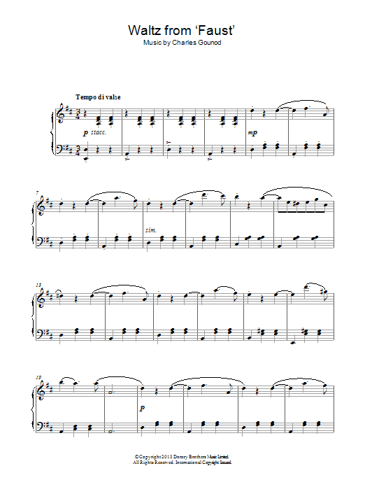 Learn to play Charles Gounod Waltz From Faust sheet music for Piano Solo in minutes. Price: 7.8900$ Charles Gounod Waltz From Faust sheet music notes and chords arranged for Piano Solo