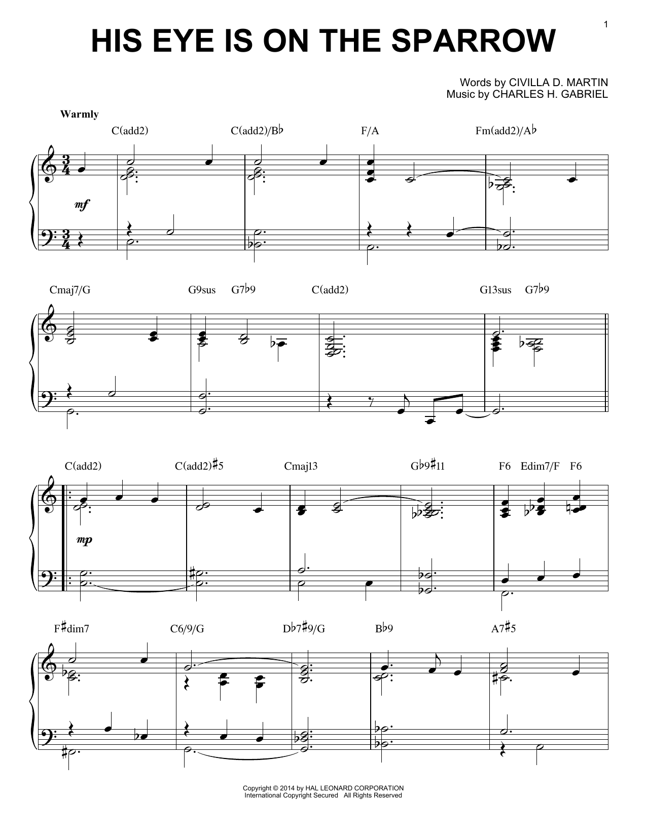 Charles H. Gabriel His Eye Is On The Sparrow [Jazz version] (arr. Brent Edstrom) sheet music notes and chords. Download Printable PDF.