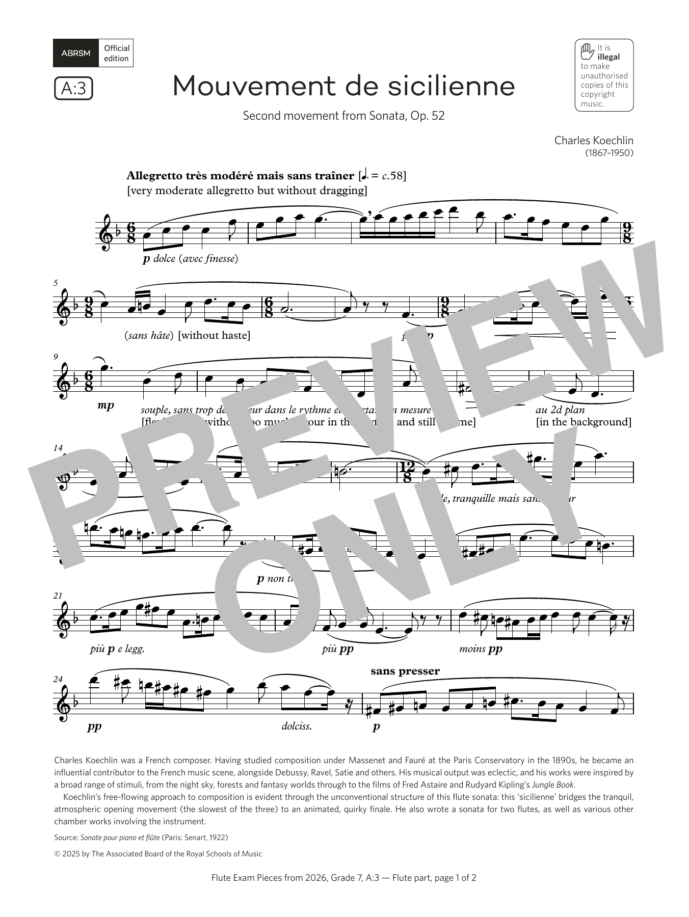 Charles Koechlin Mouvement de sicilienne (Grade 7, list A3, from the ABRSM Flute Syllabus from 2026) sheet music notes and chords arranged for Flute Solo