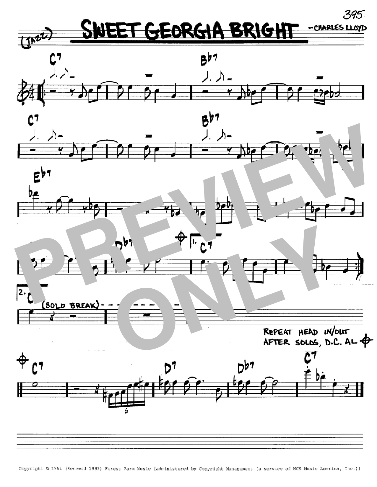 Learn to play Charles Lloyd Sweet Georgia Bright sheet music for Real Book – Melody & Chords – Eb Instruments in minutes. Price: 5.9900$ Charles Lloyd Sweet Georgia Bright sheet music notes and chords arranged for Real Book – Melody & Chords – Eb Instruments