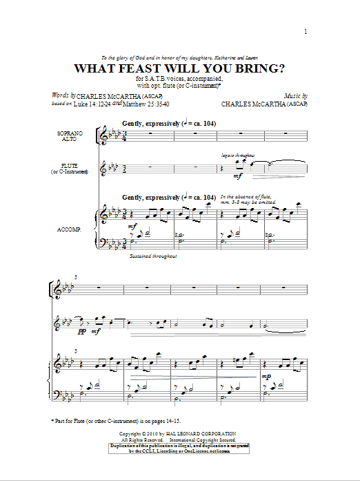 Learn to play Charles McCartha What Feast Will You Bring? sheet music for SATB Choir in minutes. Price: 3.9900$ Charles McCartha What Feast Will You Bring? sheet music notes and chords arranged for SATB Choir