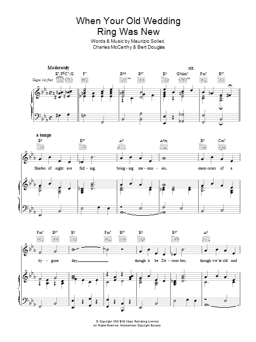 Learn to play Charles McCarthy When Your Old Wedding Ring Was New sheet music for Piano, Vocal & Guitar Chords in minutes. Price: 7.8900$ Charles McCarthy When Your Old Wedding Ring Was New sheet music notes and chords arranged for Piano, Vocal & Guitar Chords