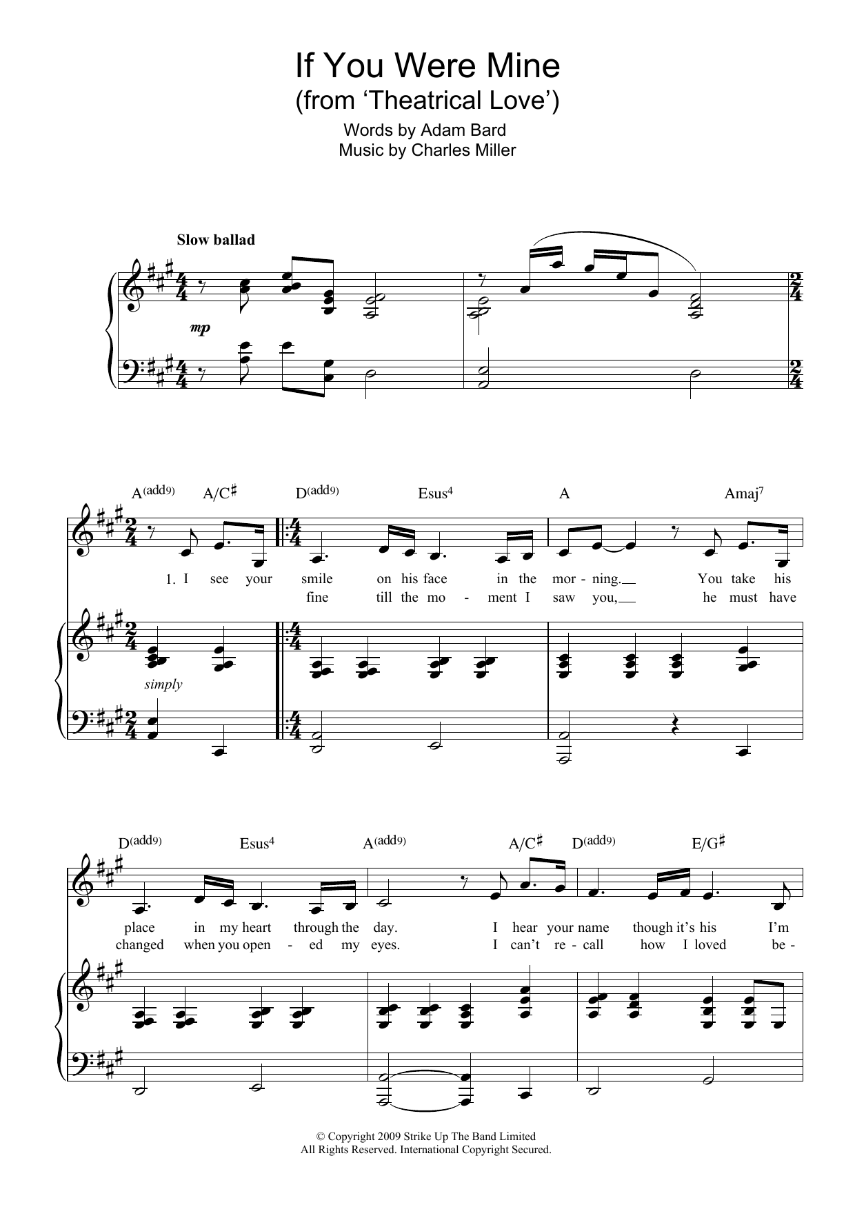 Learn to play Charles Miller & Adam Bard If You Were Mine (from Theatrical Love) sheet music for Piano & Vocal in minutes. Price: 7.8900$ Charles Miller & Adam Bard If You Were Mine (from Theatrical Love) sheet music notes and chords arranged for Piano & Vocal