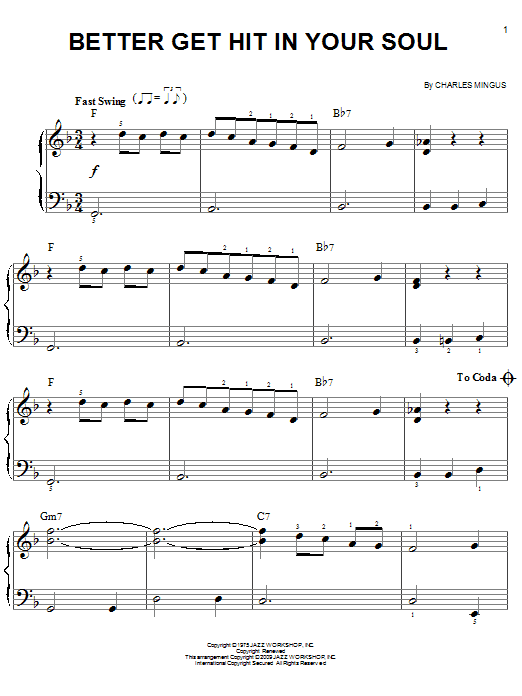 Learn to play Charles Mingus Better Get Hit In Your Soul sheet music for Easy Piano in minutes. Price: 6.9900$ Charles Mingus Better Get Hit In Your Soul sheet music notes and chords arranged for Easy Piano