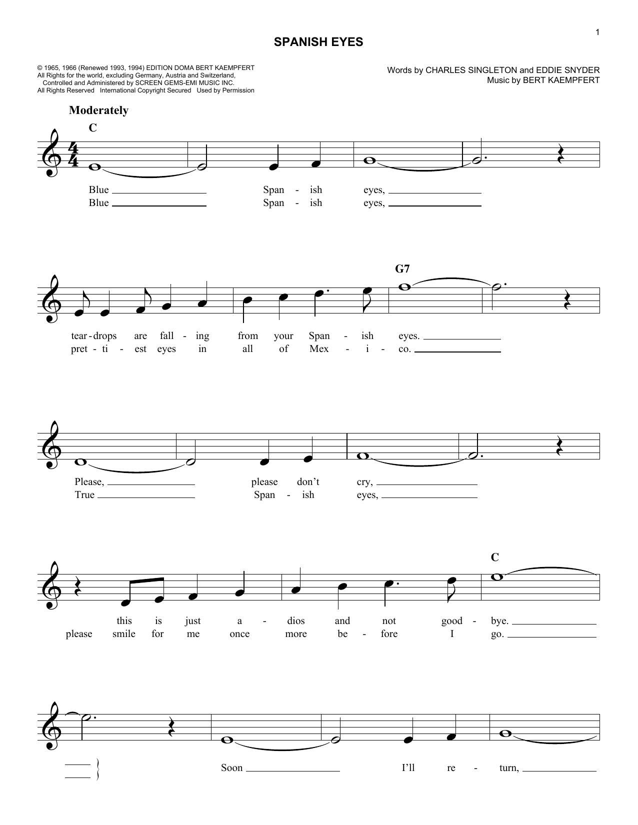 Charles Singleton Spanish Eyes sheet music notes and chords. Download Printable PDF.