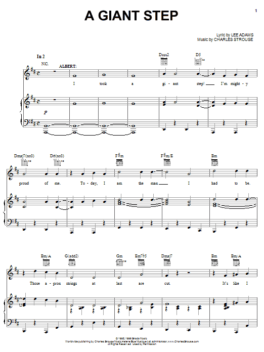 Learn to play Charles Strouse A Giant Step sheet music for Piano, Vocal & Guitar Chords (Right-Hand Melody) in minutes. Price: 7.8900$ Charles Strouse A Giant Step sheet music notes and chords arranged for Piano, Vocal & Guitar Chords (Right-Hand Melody)