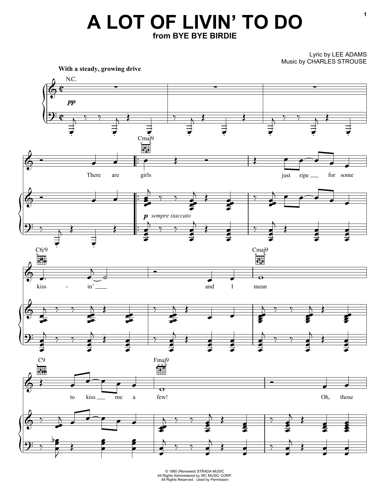 Learn to play Charles Strouse A Lot Of Livin' To Do sheet music for Piano, Vocal & Guitar Chords (Right-Hand Melody) in minutes. Price: 7.8900$ Charles Strouse A Lot Of Livin' To Do sheet music notes and chords arranged for Piano, Vocal & Guitar Chords (Right-Hand Melody)
