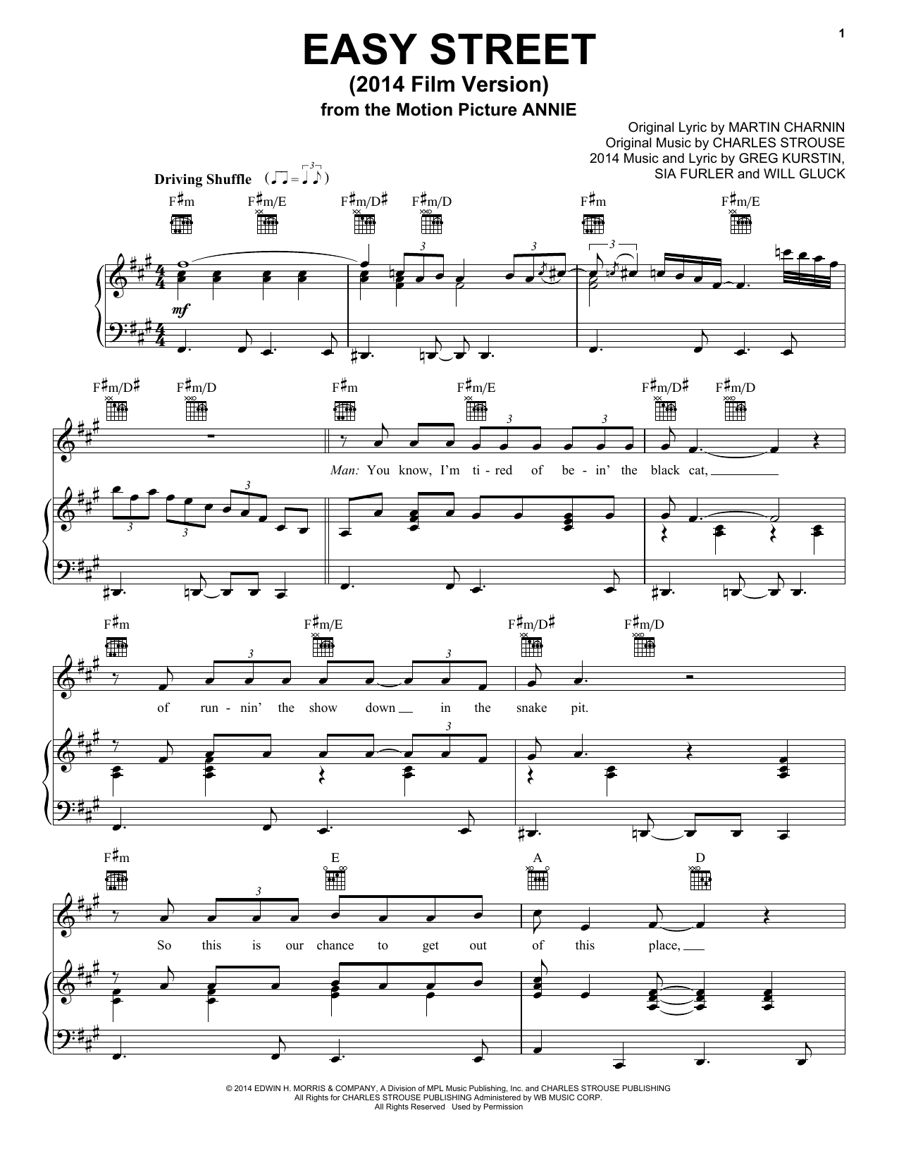 Learn to play Charles Strouse Easy Street (2014 Film Version) sheet music for Piano, Vocal & Guitar Chords (Right-Hand Melody) in minutes. Price: 7.8900$ Charles Strouse Easy Street (2014 Film Version) sheet music notes and chords arranged for Piano, Vocal & Guitar Chords (Right-Hand Melody)