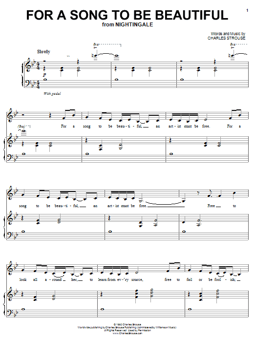 Learn to play Charles Strouse For A Song To Be Beautiful (from Nightingale) sheet music for Piano, Vocal & Guitar Chords (Right-Hand Melody) in minutes. Price: 7.8900$ Charles Strouse For A Song To Be Beautiful (from Nightingale) sheet music notes and chords arranged for Piano, Vocal & Guitar Chords (Right-Hand Melody)