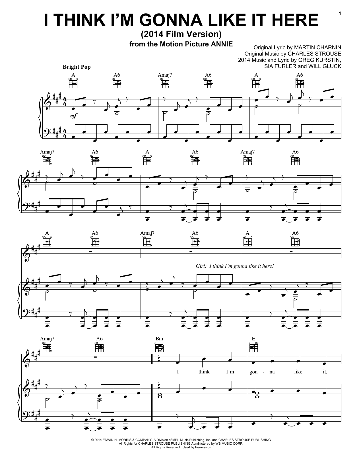 Learn to play Charles Strouse I Think I'm Gonna Like It Here (2014 Film Version) sheet music for Piano, Vocal & Guitar Chords (Right-Hand Melody) in minutes. Price: 7.8900$ Charles Strouse I Think I'm Gonna Like It Here (2014 Film Version) sheet music notes and chords arranged for Piano, Vocal & Guitar Chords (Right-Hand Melody)