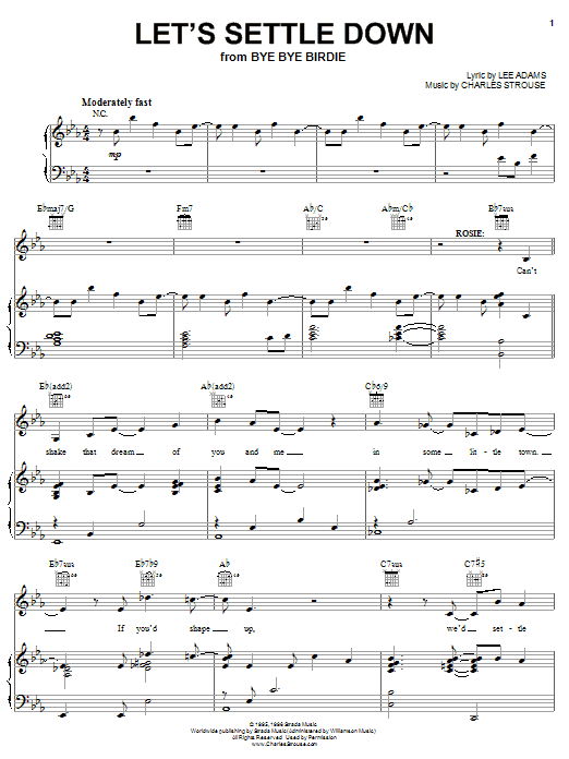 Learn to play Charles Strouse Let's Settle Down sheet music for Piano, Vocal & Guitar Chords (Right-Hand Melody) in minutes. Price: 7.8900$ Charles Strouse Let's Settle Down sheet music notes and chords arranged for Piano, Vocal & Guitar Chords (Right-Hand Melody)