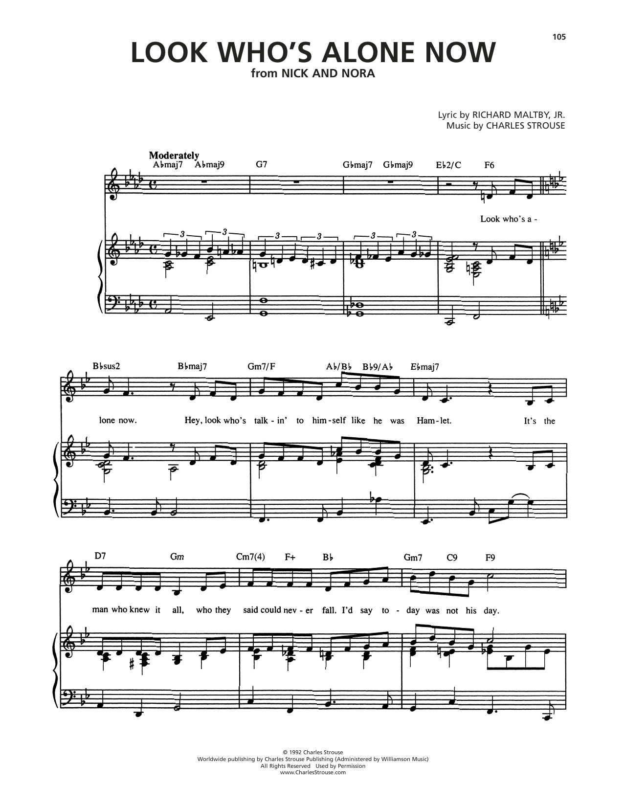 Learn to play Charles Strouse Look Who's Alone Now (from Nick And Nora) sheet music for Piano & Vocal in minutes. Price: 7.8900$ Charles Strouse Look Who's Alone Now (from Nick And Nora) sheet music notes and chords arranged for Piano & Vocal