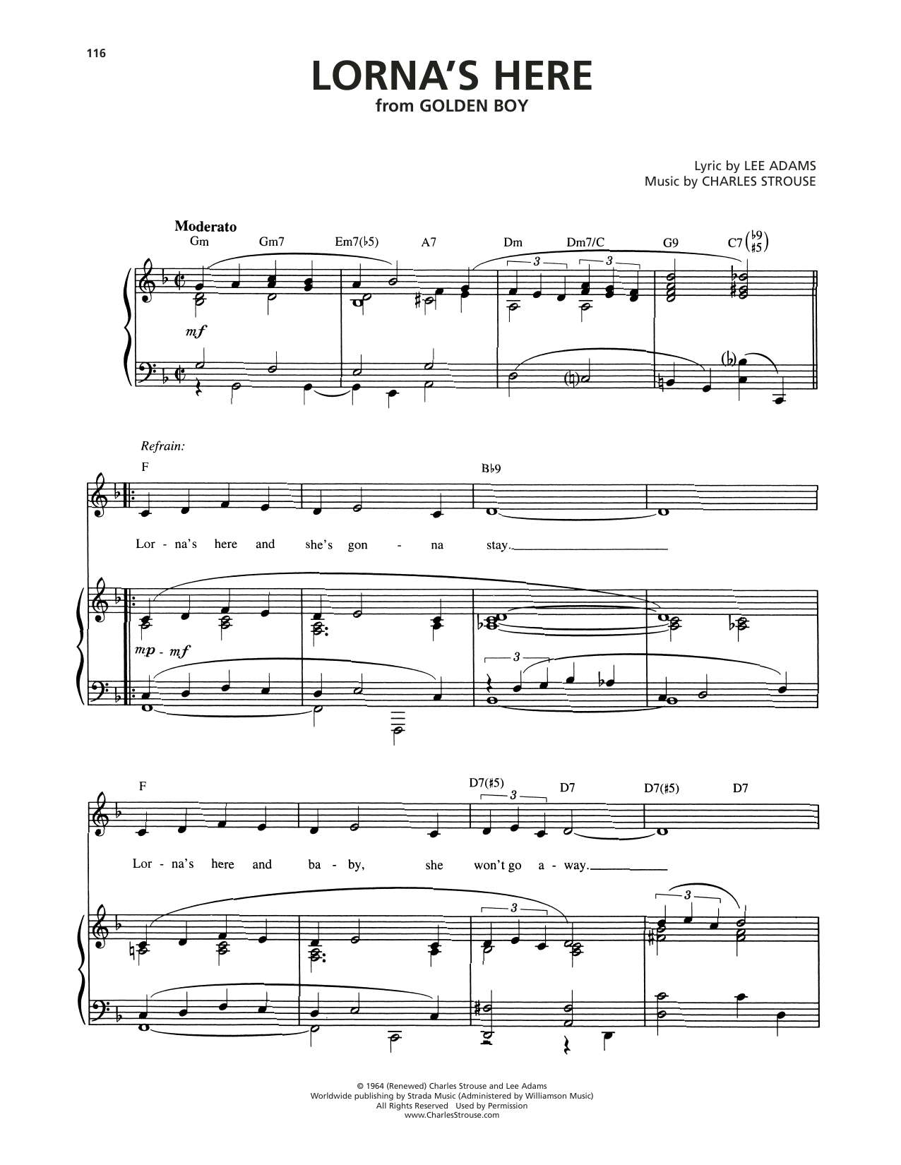 Learn to play Charles Strouse Lorna's Here (from Golden Boy) sheet music for Piano & Vocal in minutes. Price: 7.8900$ Charles Strouse Lorna's Here (from Golden Boy) sheet music notes and chords arranged for Piano & Vocal
