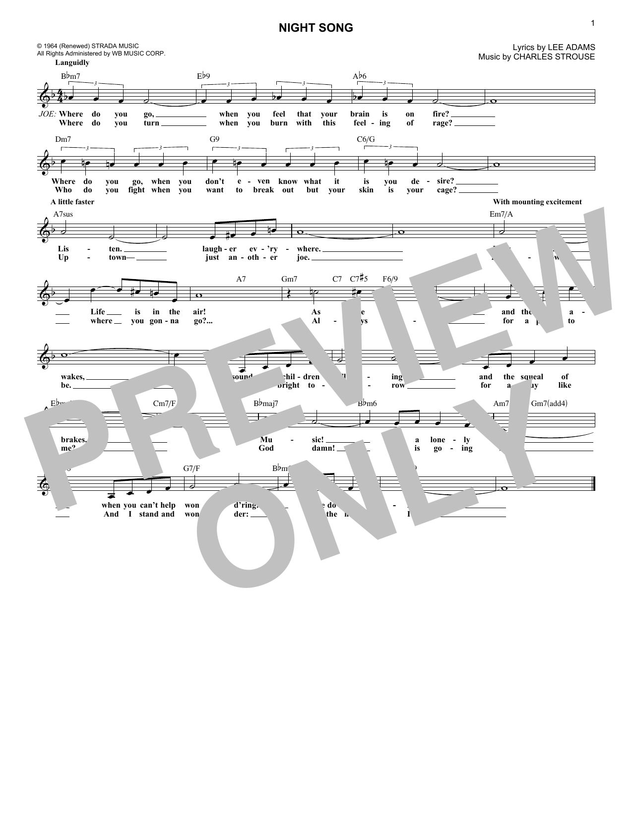 Learn to play Charles Strouse Night Song (from Golden Boy) sheet music for Lead Sheet / Fake Book in minutes. Price: 5.9900$ Charles Strouse Night Song (from Golden Boy) sheet music notes and chords arranged for Lead Sheet / Fake Book