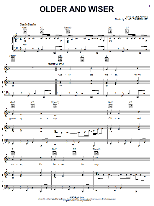 Learn to play Charles Strouse Older And Wiser sheet music for Piano, Vocal & Guitar Chords (Right-Hand Melody) in minutes. Price: 7.8900$ Charles Strouse Older And Wiser sheet music notes and chords arranged for Piano, Vocal & Guitar Chords (Right-Hand Melody)