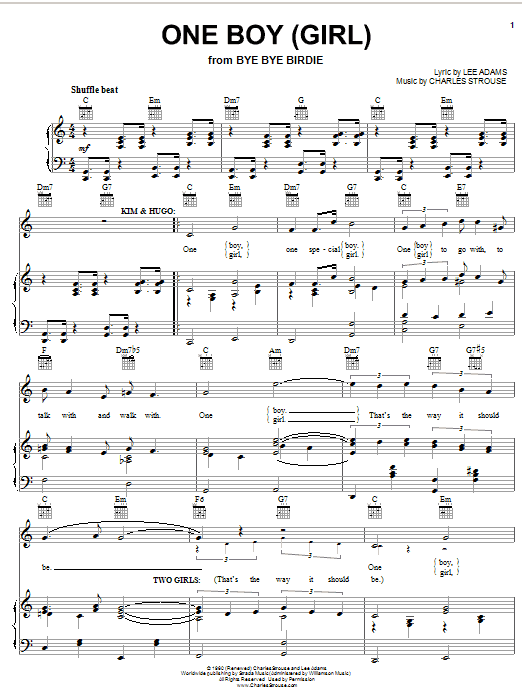 Learn to play Charles Strouse One Boy (Girl) sheet music for Piano, Vocal & Guitar Chords (Right-Hand Melody) in minutes. Price: 7.8900$ Charles Strouse One Boy (Girl) sheet music notes and chords arranged for Piano, Vocal & Guitar Chords (Right-Hand Melody)