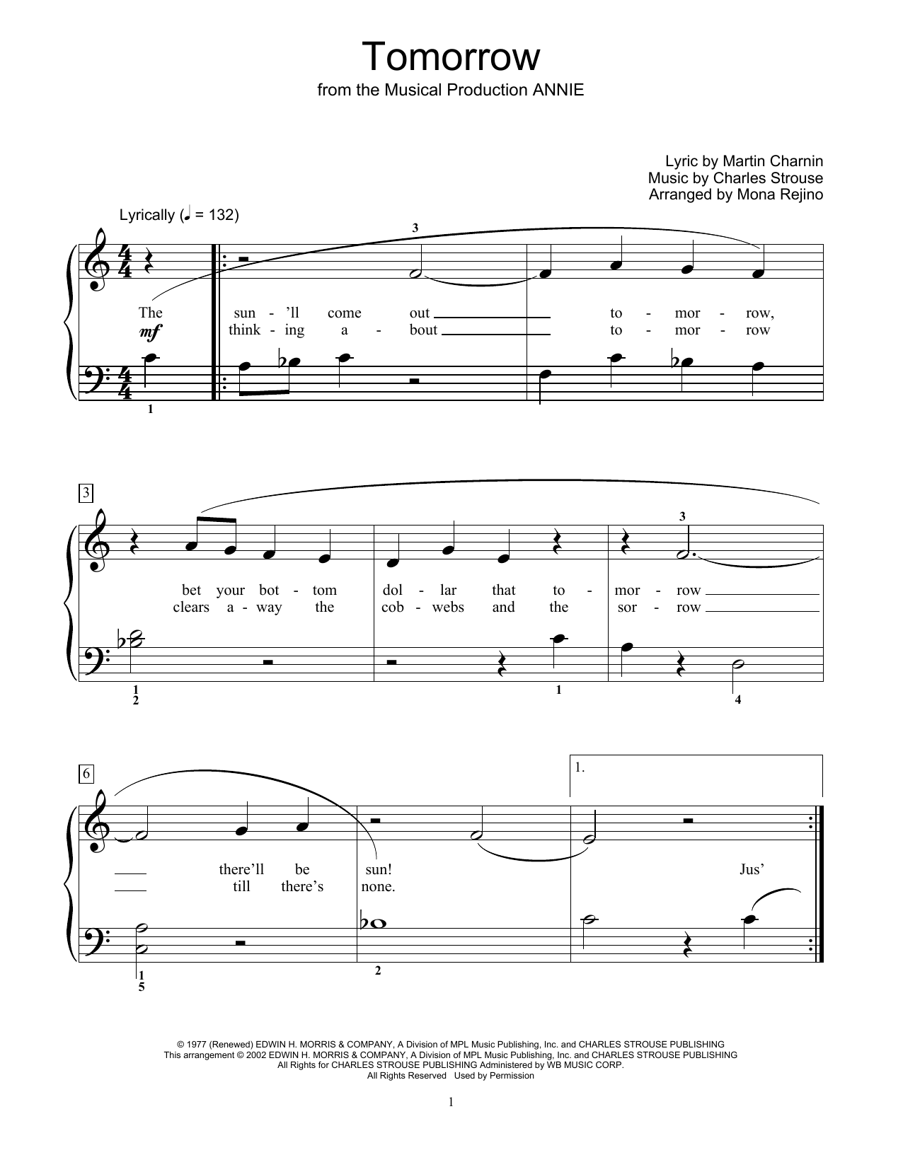 Charles Strouse Tomorrow (from Annie) (arr. Mona Rejino) sheet music notes and chords. Download Printable PDF.