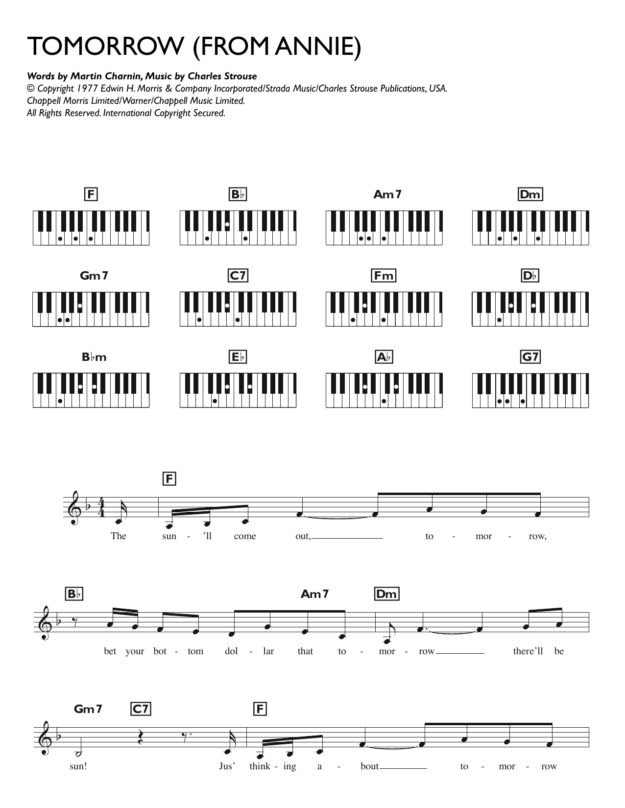 Charles Strouse Tomorrow (from Annie) sheet music notes and chords. Download Printable PDF.