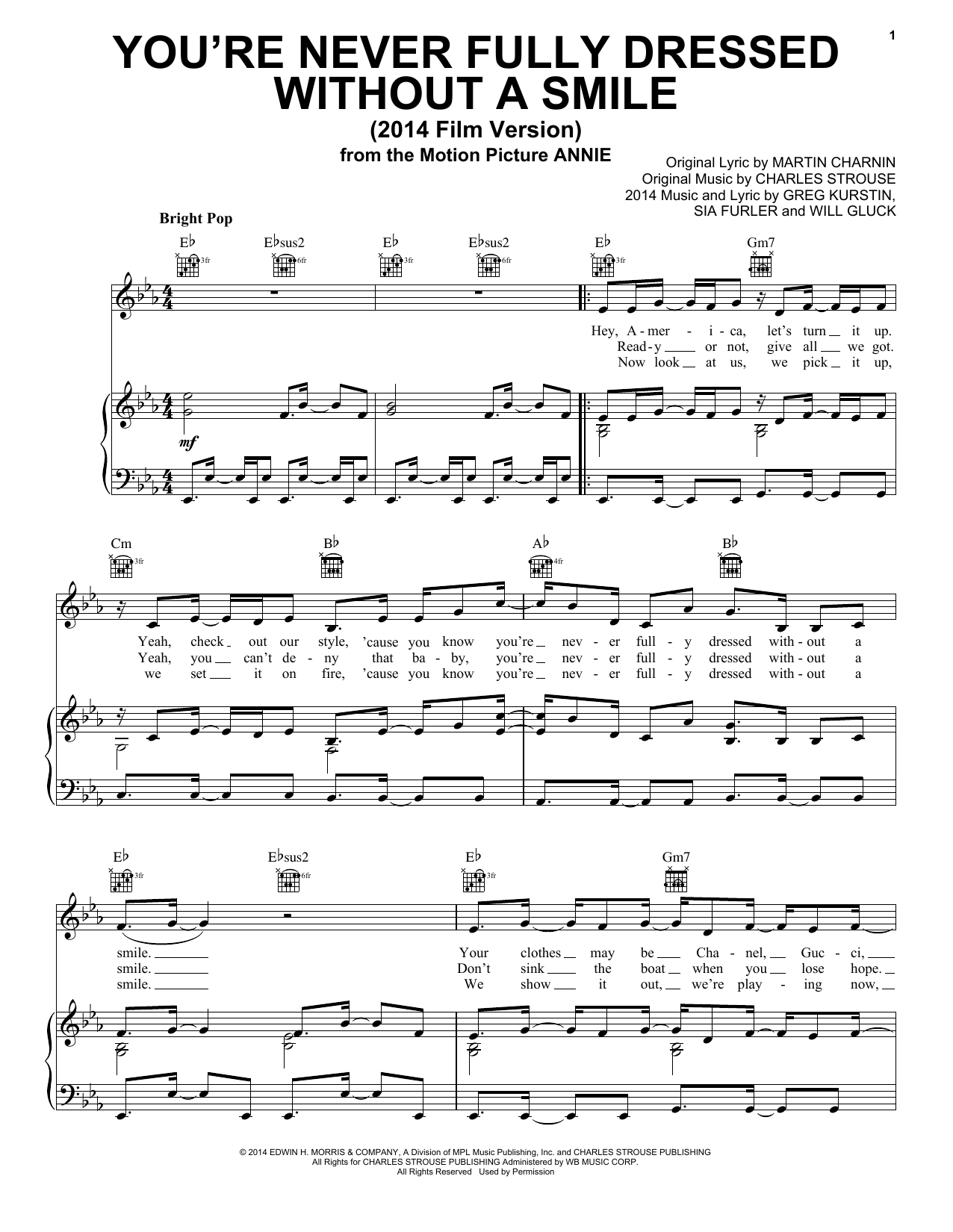 Learn to play Charles Strouse You're Never Fully Dressed Without A Smile (2014 Film Version) sheet music for Piano, Vocal & Guitar Chords (Right-Hand Melody) in minutes. Price: 7.8900$ Charles Strouse You're Never Fully Dressed Without A Smile (2014 Film Version) sheet music notes and chords arranged for Piano, Vocal & Guitar Chords (Right-Hand Melody)