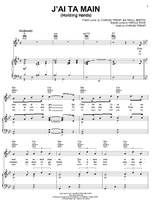 Charles Trenet J'ai Ta Main (Holding Hands) sheet music notes and chords. Download Printable PDF.