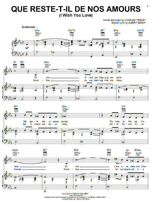 Charles Trenet Que Reste-T-Il De Nos Amours (I Wish You Love) sheet music notes and chords. Download Printable PDF.