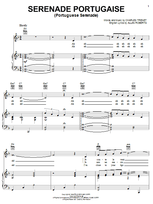 Charles Trenet Serenade Portugaise sheet music notes and chords arranged for Piano, Vocal & Guitar Chords (Right-Hand Melody)