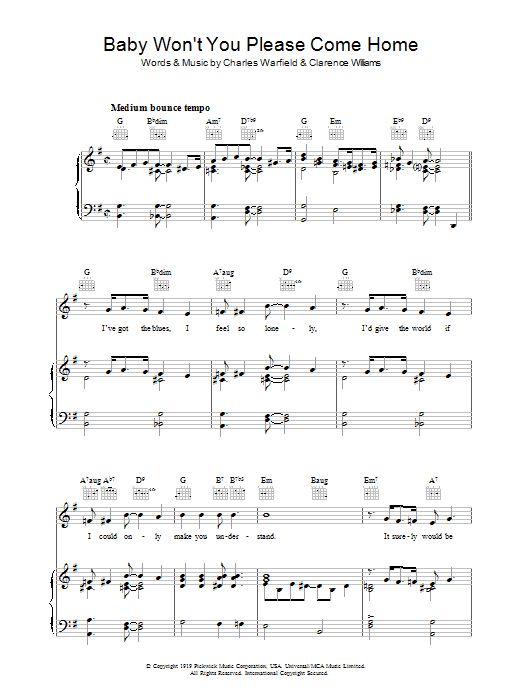 Learn to play Charles Warfield Baby Won't You Please Come Home sheet music for Piano, Vocal & Guitar Chords in minutes. Price: 7.8900$ Charles Warfield Baby Won't You Please Come Home sheet music notes and chords arranged for Piano, Vocal & Guitar Chords