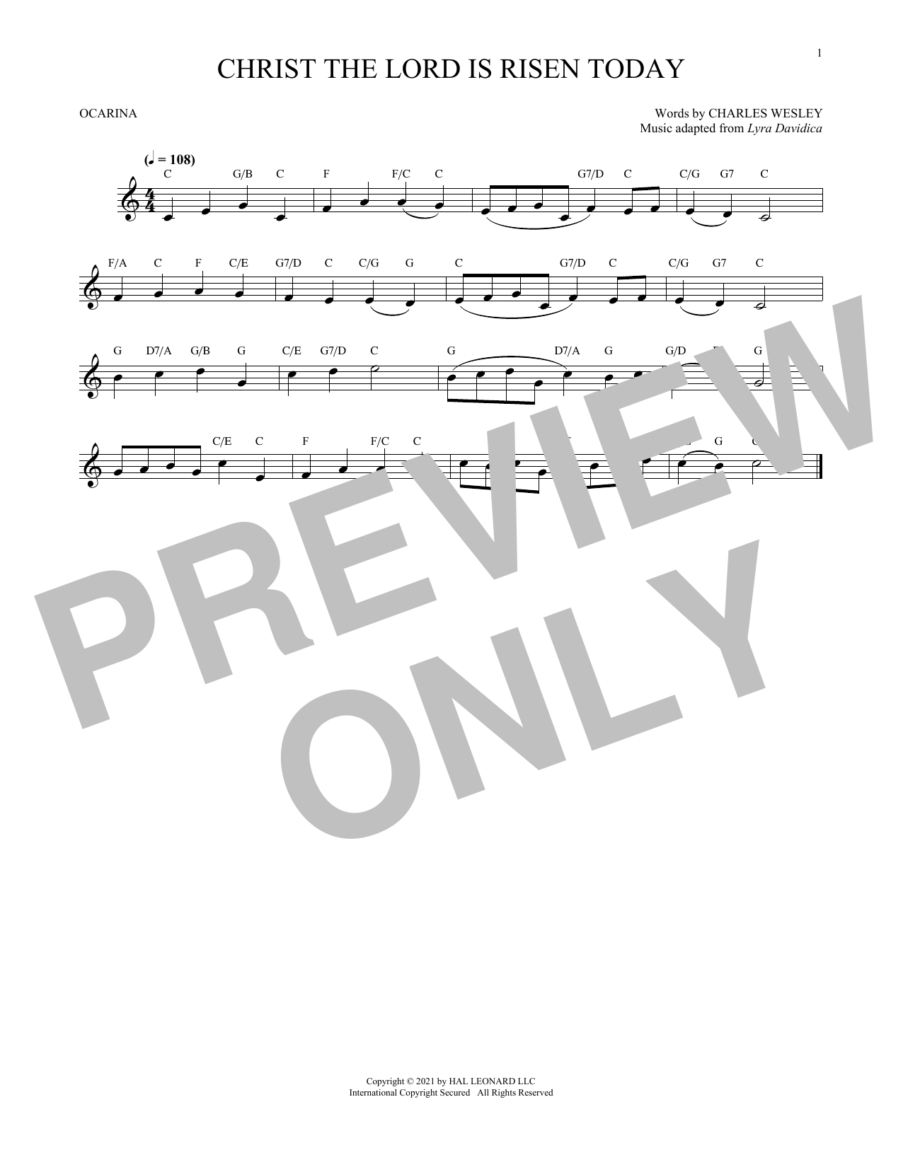 Charles Wesley Christ The Lord Is Risen Today (arr. Cris Gale) sheet music notes and chords arranged for Ocarina