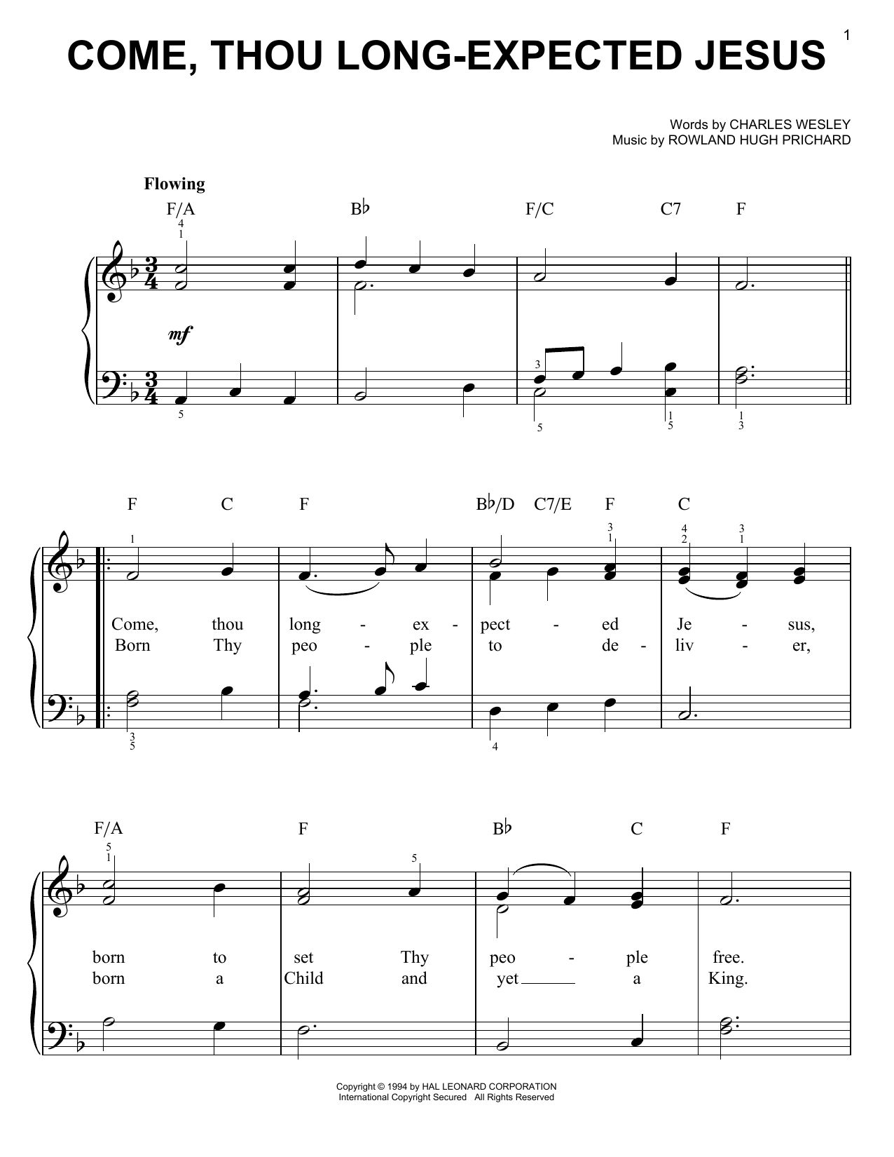 Charles Wesley Come, Thou Long-Expected Jesus sheet music notes and chords. Download Printable PDF.