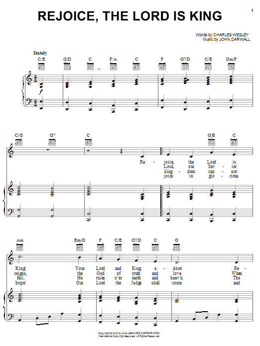 Learn to play Charles Wesley Rejoice, The Lord Is King sheet music for Piano, Vocal & Guitar Chords (Right-Hand Melody) in minutes. Price: 7.8900$ Charles Wesley Rejoice, The Lord Is King sheet music notes and chords arranged for Piano, Vocal & Guitar Chords (Right-Hand Melody)