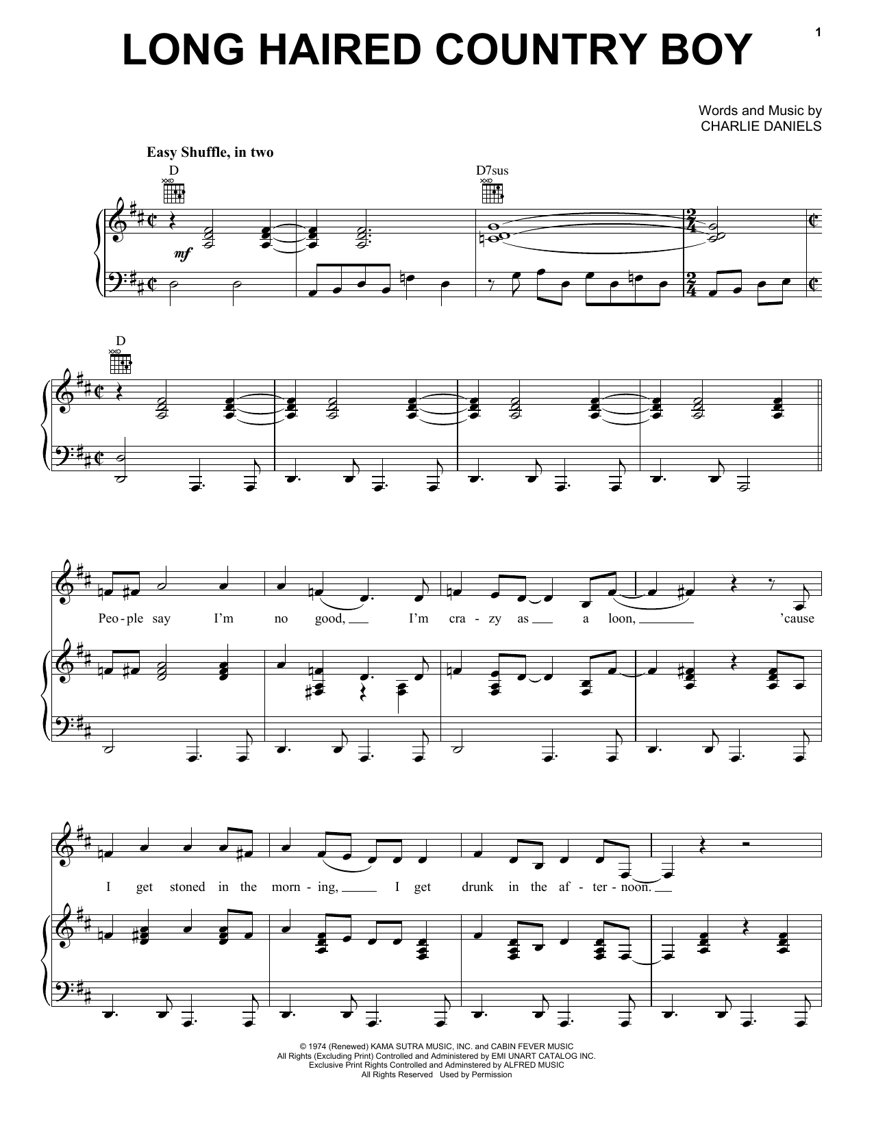 Charlie Daniels Long Haired Country Boy sheet music notes and chords. Download Printable PDF.