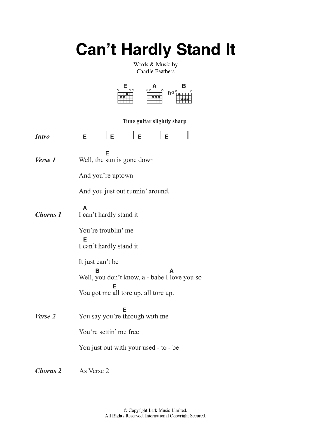 Charlie Feathers Can't Hardly Stand It sheet music notes and chords arranged for Guitar Chords/Lyrics