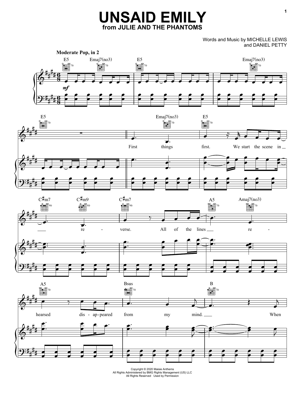 Charlie Gillespie Unsaid Emily (from Julie and the Phantoms) sheet music notes and chords. Download Printable PDF.