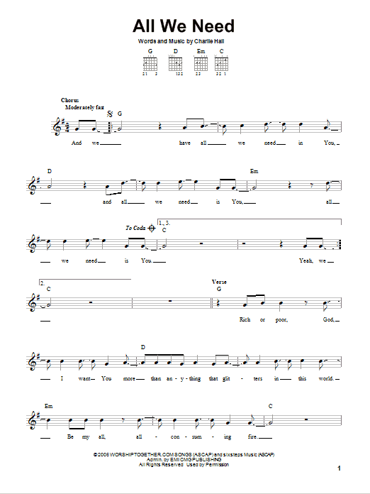 Charlie Hall All We Need sheet music notes and chords. Download Printable PDF.