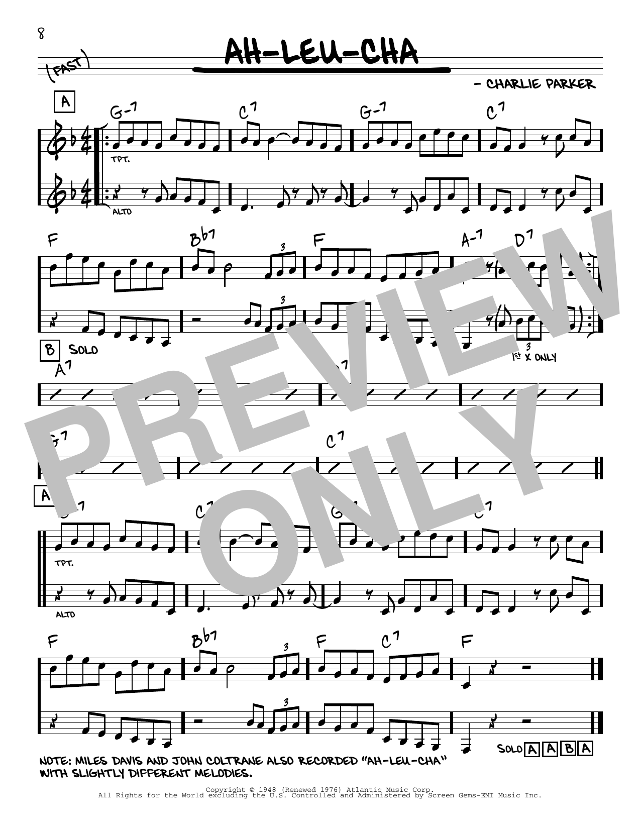 Charlie Parker Ah-Leu-Cha sheet music notes and chords. Download Printable PDF.