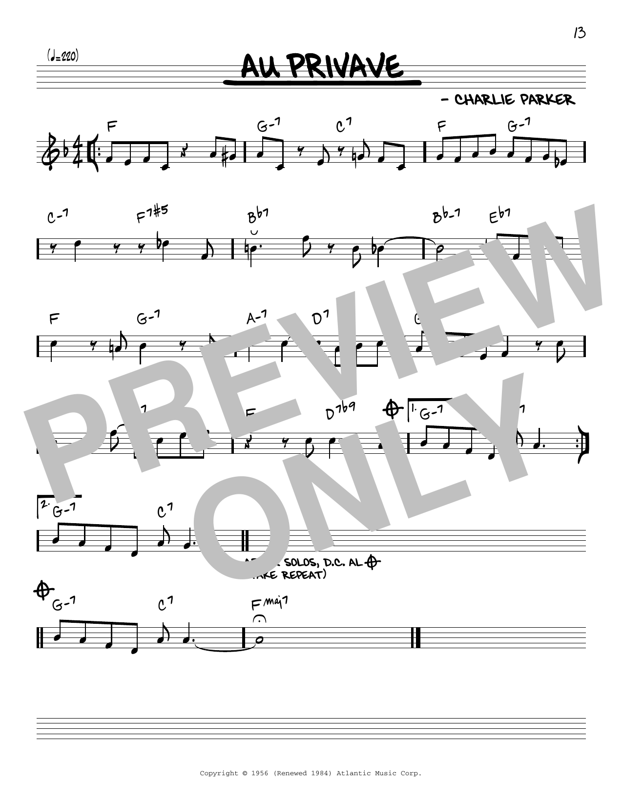 Charlie Parker Au Privave sheet music notes and chords. Download Printable PDF.