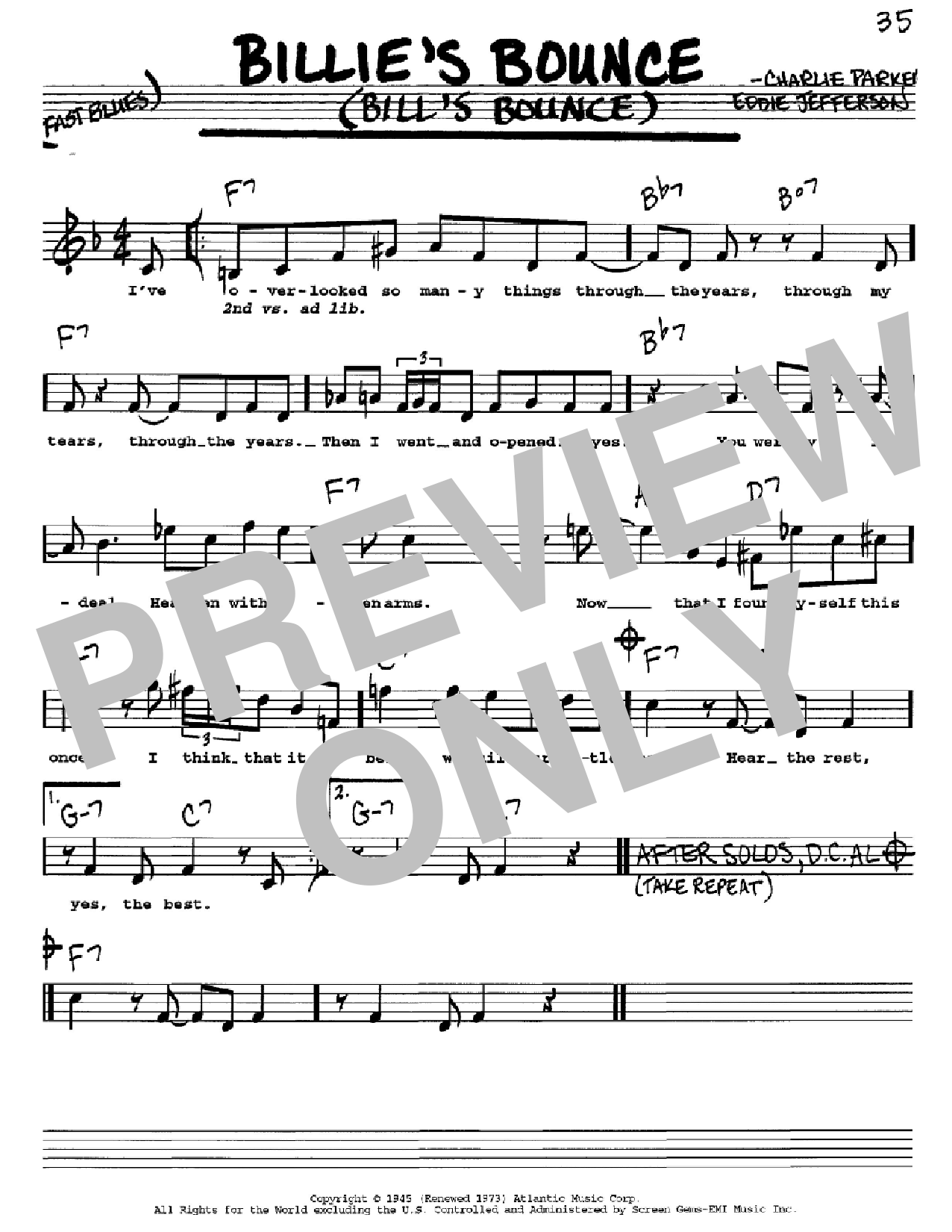 Charlie Parker Billie's Bounce (Bill's Bounce) sheet music notes and chords. Download Printable PDF.