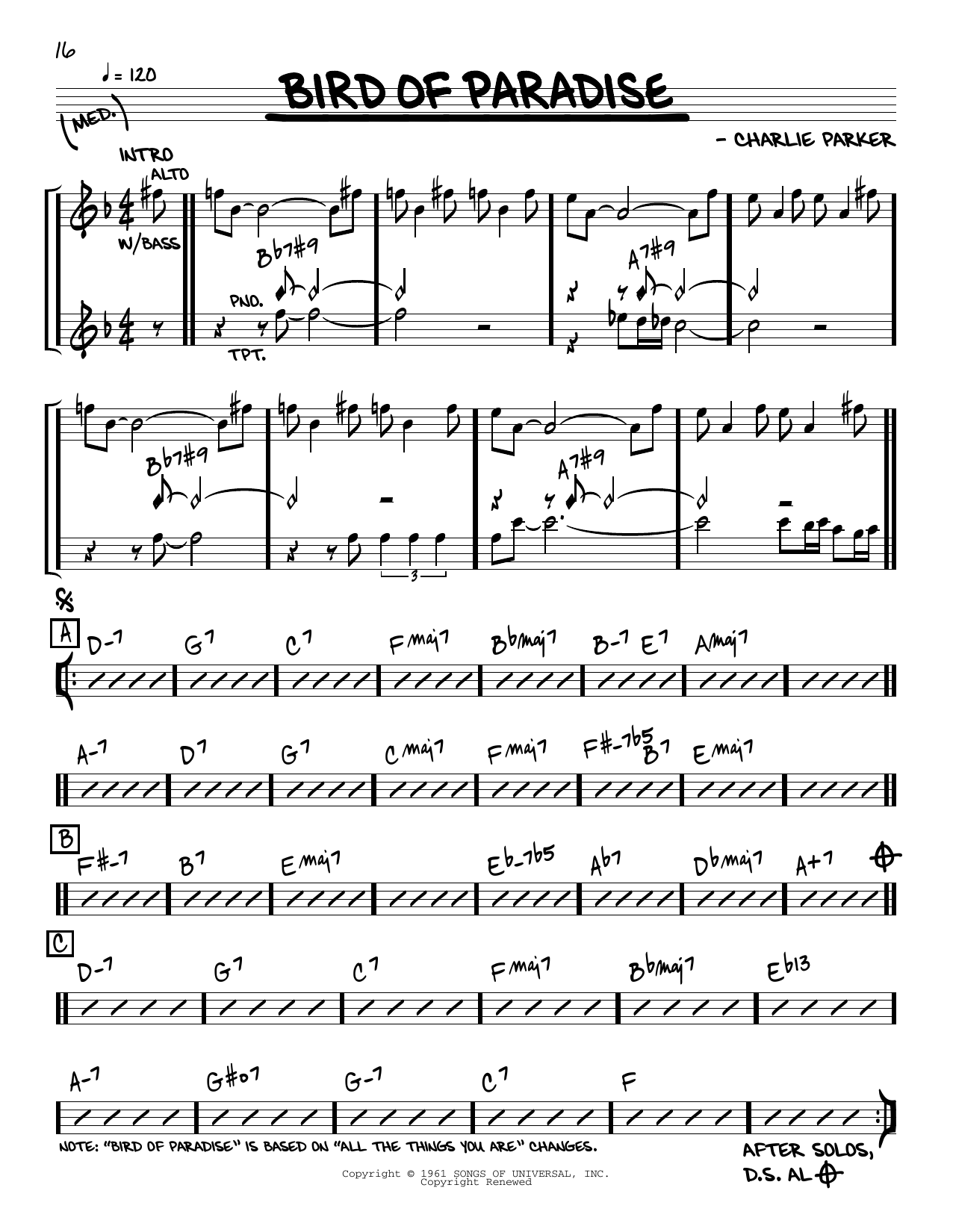 Charlie Parker Bird Of Paradise sheet music notes and chords arranged for Real Book – Melody & Chords