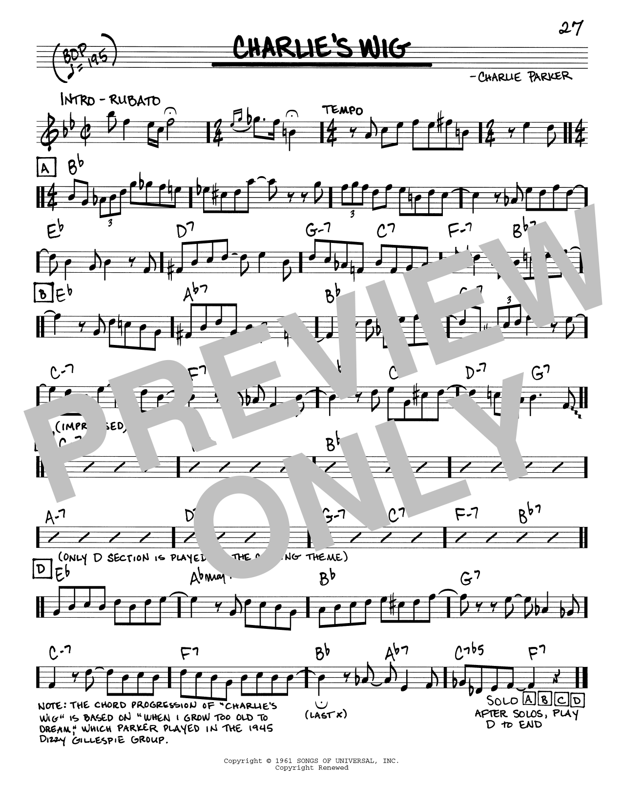 Charlie Parker Charlie's Wig sheet music notes and chords arranged for Real Book – Melody & Chords