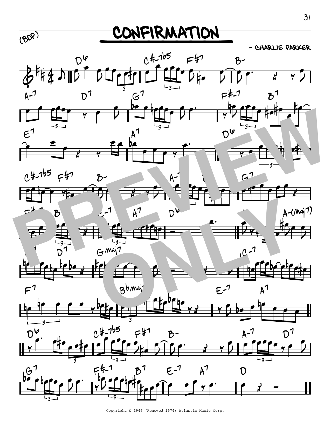 Charlie Parker Confirmation sheet music notes and chords. Download Printable PDF.