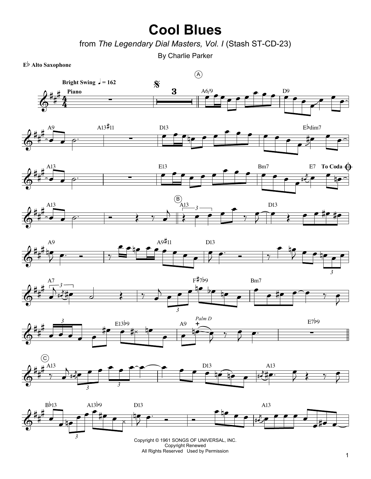 Charlie Parker Cool Blues sheet music notes and chords. Download Printable PDF.