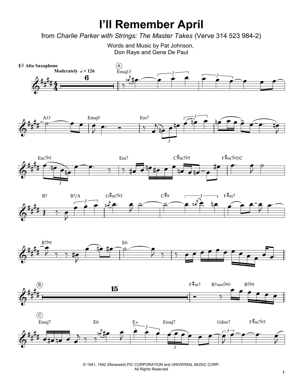 Charlie Parker I'll Remember April sheet music notes and chords. Download Printable PDF.